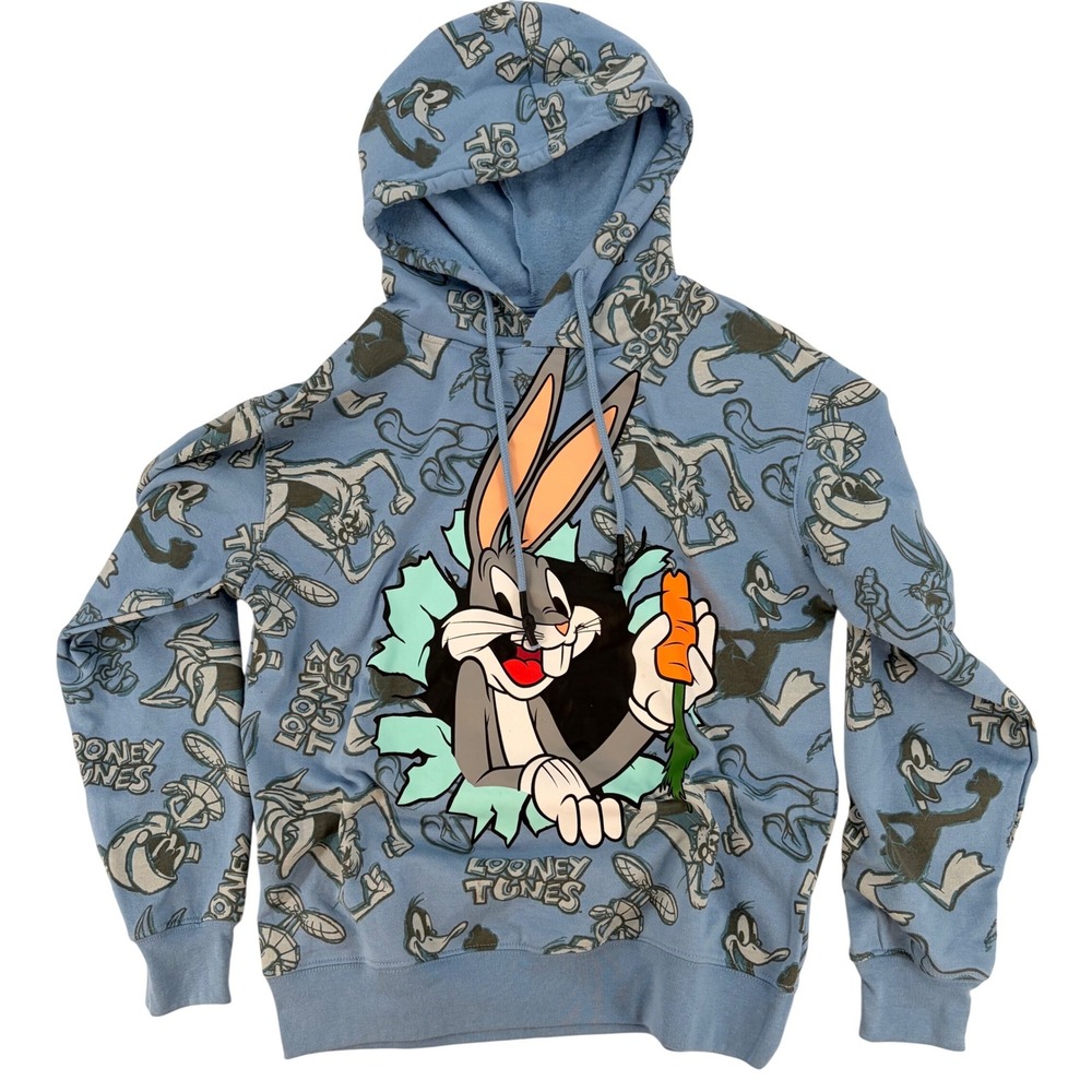 Looney Tunes Bugs Bunny All Over‎ Print Hoodie Size M Blue Streetwear Retro